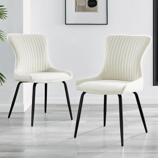 2x Nora Cream Velvet Dining Chairs Black Legs - image 1