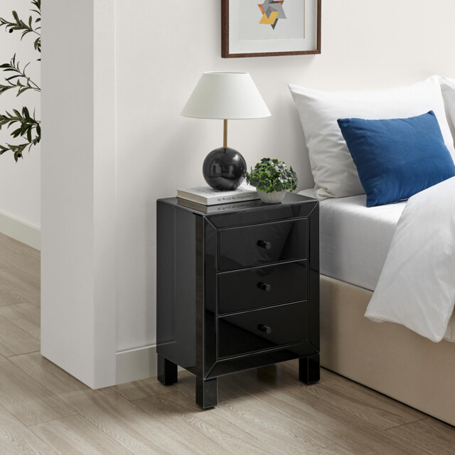 Lexi 3 Drawer Black Mirrored Bedside Table - image 1