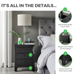Lexi 3 Drawer Black Mirrored Bedside Table - thumbnail 2