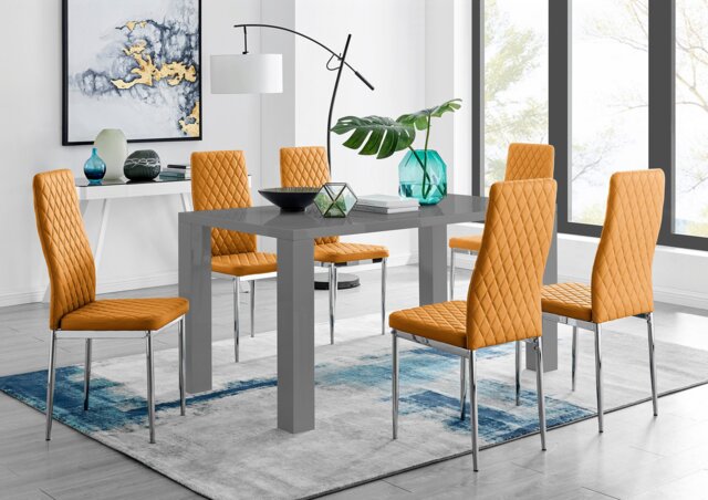 Pivero Grey High Gloss Dining Table And 6 Modern Milan Chairs Set - image 1