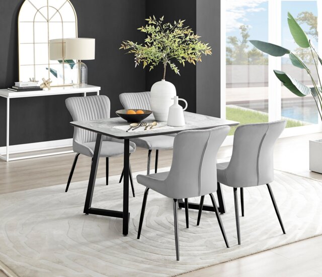 Carson White Marble Effect Dining Table & 4 Nora Black Leg Chairs