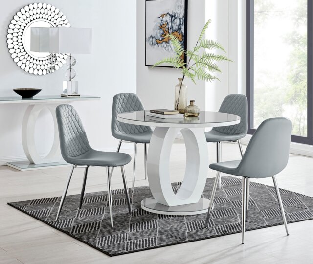 Giovani Grey White High Gloss And Glass 100cm Round Dining Table And 4 Corona Silver Chairs Set - image 1