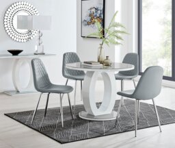 Giovani Grey White High Gloss And Glass 100cm Round Dining Table And 4 Corona Silver Chairs Set - thumbnail 1