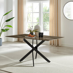 Leonardo Rectangle Brown/Grey Marble Glass & Black Metal 6 Seat Dining Table - thumbnail 2