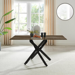 Leonardo Rectangle Brown/Grey Marble Glass & Black Metal 6 Seat Dining Table - thumbnail 1