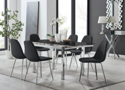 Enna Black Glass Extending Dining Table and 6 Corona Silver Leg Chairs - thumbnail 1