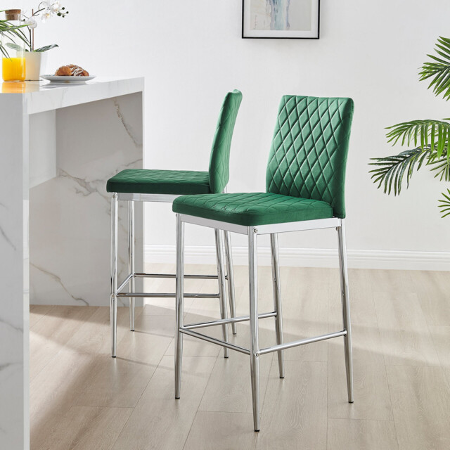 2x Milan Green Velvet Counter Stools Silver Legs - image 1