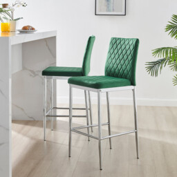 2x Milan Green Velvet Counter Stools Silver Legs