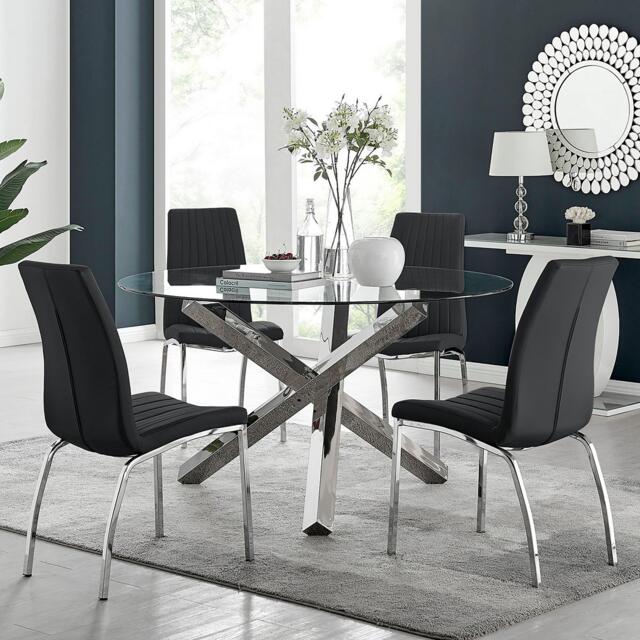 Vogue Large Round Chrome Metal Clear Glass Dining Table And 4 Isco Dining Chairs Set - image 1