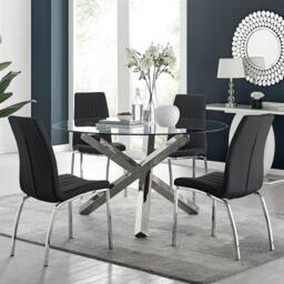 Vogue Large Round Chrome Metal Clear Glass Dining Table And 4 Isco Dining Chairs Set - thumbnail 1