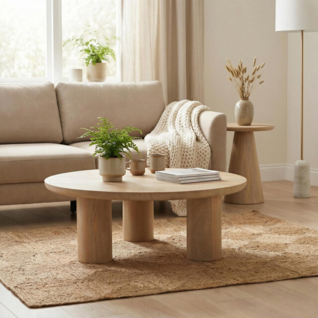 Teton Round White Oak Wood 3 Leg Coffee Table - image 1
