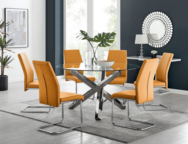 Vogue Large Round Chrome Metal Clear Glass Dining Table And 6 Lorenzo Dining Chairs Set - image 1