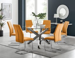 Vogue Large Round Chrome Metal Clear Glass Dining Table And 6 Lorenzo Dining Chairs Set - thumbnail 1