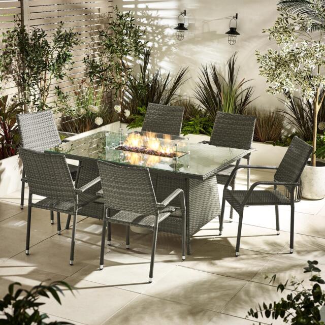 Furniturebox Marbella 6 Seat Firepit Table Garden Dining Set, Rattan in Grey - Size: 100x74x150 cm - image 1