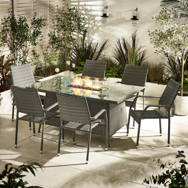 Marbella 6 Seat Grey Rattan Firepit Table Garden Dining Set - image 1