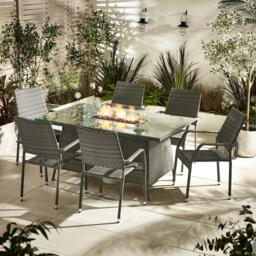 Furniturebox Marbella 6 Seat Firepit Table Garden Dining Set, Rattan in Grey - Size: 100x74x150 cm
