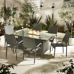 Marbella 6 Seat Grey Rattan Firepit Table Garden Dining Set - thumbnail 1