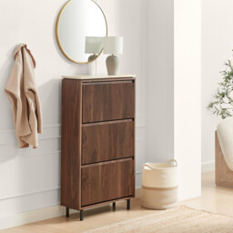 Penrose 3 Door Walnut & Cream Marble Effect Shoe Storage Cabinet - thumbnail 1