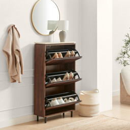 Penrose 3 Door Walnut & Cream Marble Effect Shoe Storage Cabinet - thumbnail 3