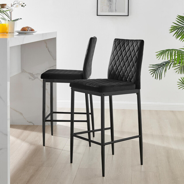 2x Milan Black Velvet Counter Stools Black Legs - image 1