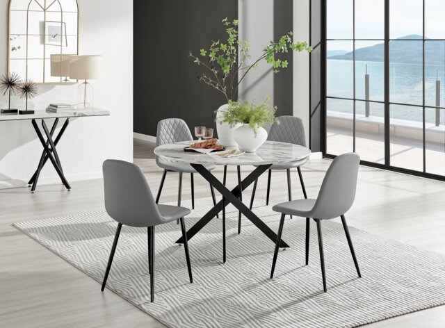 Novara White Marble Black Leg 120cm Round Dining Table & 4 Corona Black Leg Chairs - image 1