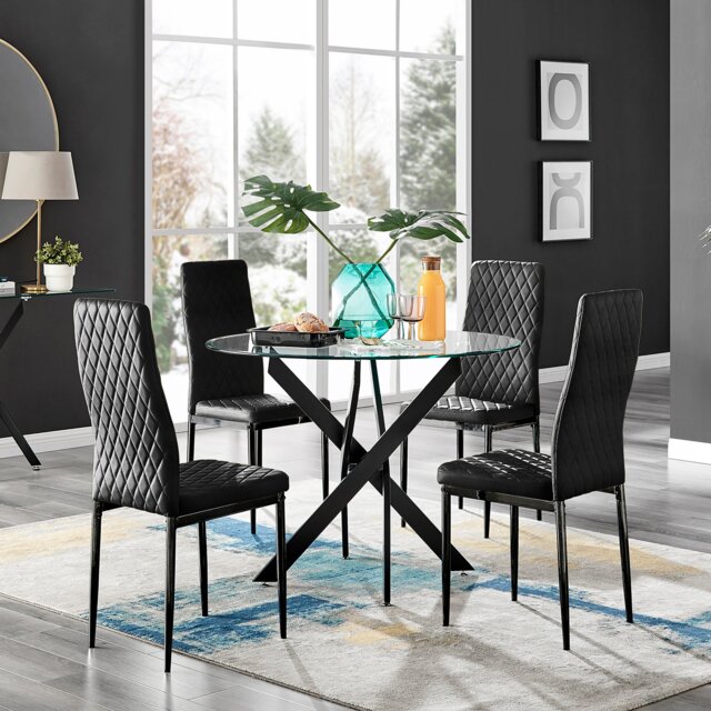 Novara Black Leg Round Glass Dining Table & 4 Milan Black Leg Chairs - image 1