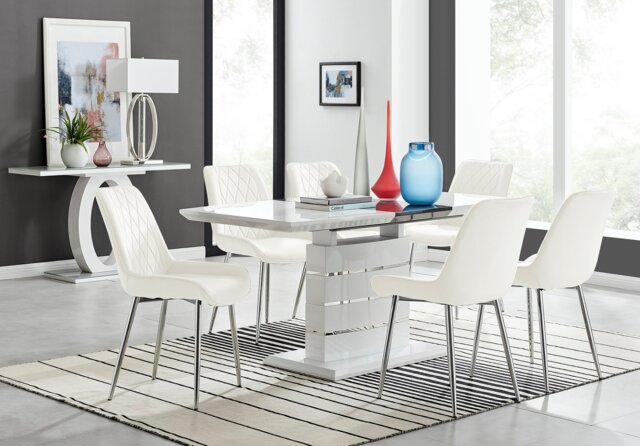Renato 120cm High Gloss Extending Dining Table and 6 Pesaro Silver Leg Chairs - image 1