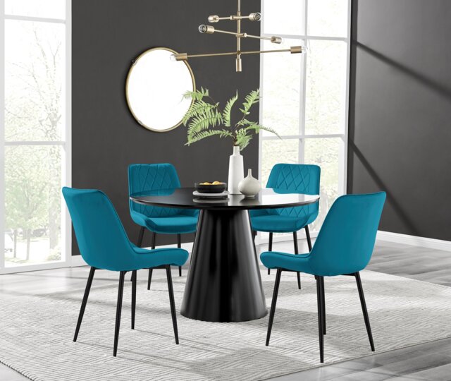 Palma Black Semi Gloss Round Dining Table & 4 Pesaro Velvet Black Leg Chairs - image 1