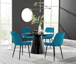 Palma Black Semi Gloss Round Dining Table & 4 Pesaro Velvet Black Leg Chairs - thumbnail 1