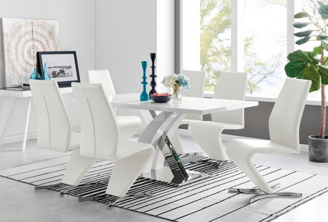 Atlanta Modern Rectangle Chrome Metal High Gloss White Dining Table And 6 Willow Chairs Set - image 1