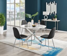Novara White Marble 120cm Round Dining Table & 4 Corona Silver Leg Chairs