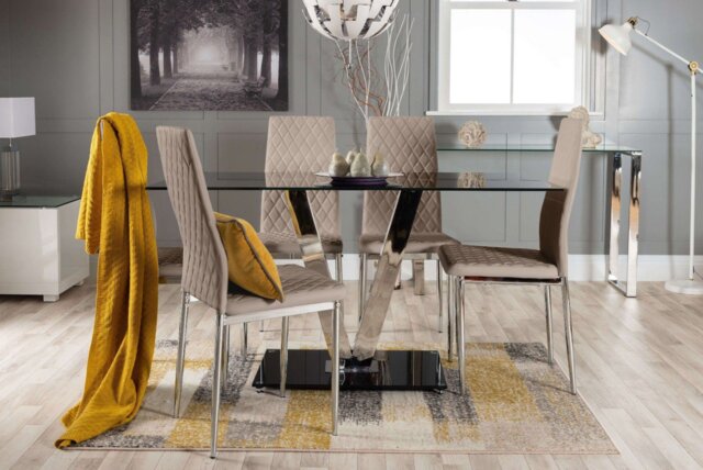 Florini Black Glass And Chrome Metal Dining Table And 6 Milan Dining Chairs Set - image 1