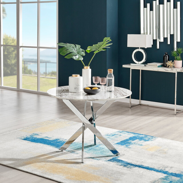 Novara Round White Marble Effect and Silver Metal 4 Seater Dining Table - image 1