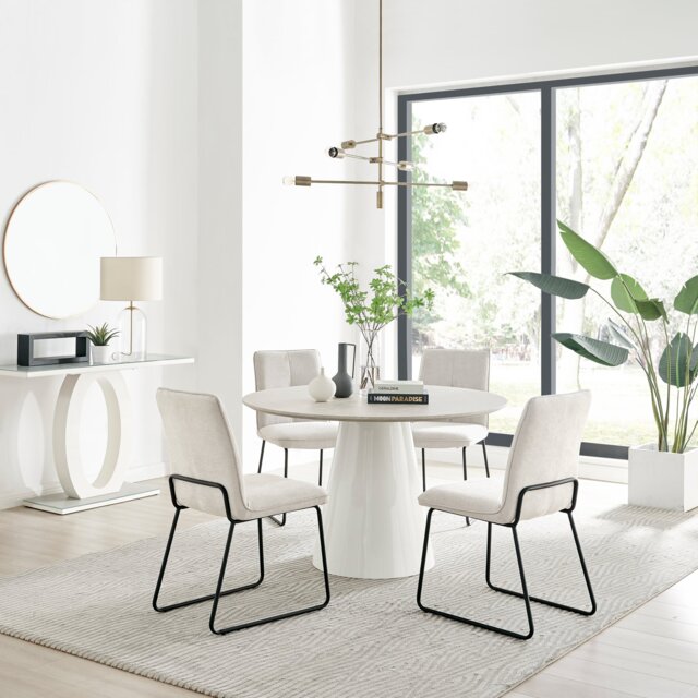 Palma Beige Stone Effect Round Dining Table & 4 Halle Chairs - image 1