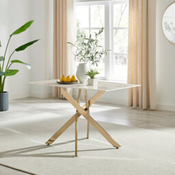 Leonardo Rectangular White Marble Glass and Gold Metal 4 Seater Dining Table - thumbnail 2