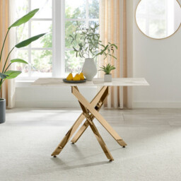 Leonardo Rectangular White Marble Glass and Gold Metal 4 Seater Dining Table