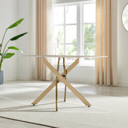 Leonardo Rectangular White Marble Glass and Gold Metal 4 Seater Dining Table - thumbnail 3