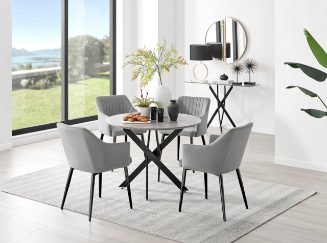 Novara Grey Concrete Effect Black Leg Round Dining Table & 4 Calla Black Leg Chairs - image 1