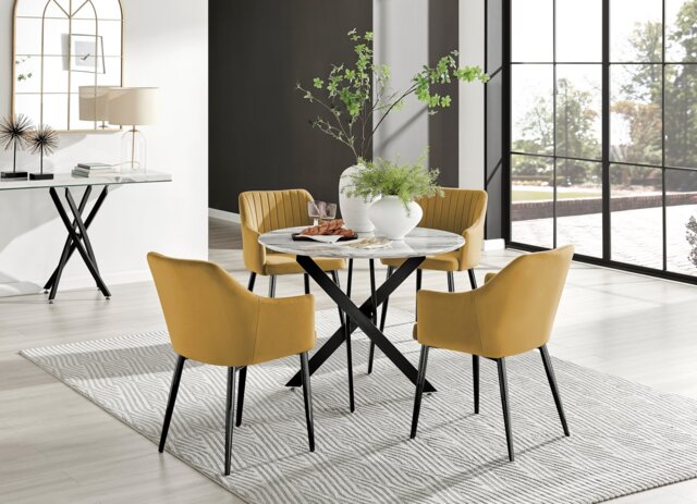 Novara White Marble Black Leg Round Dining Table & 4 Calla Black Leg Chairs - image 1