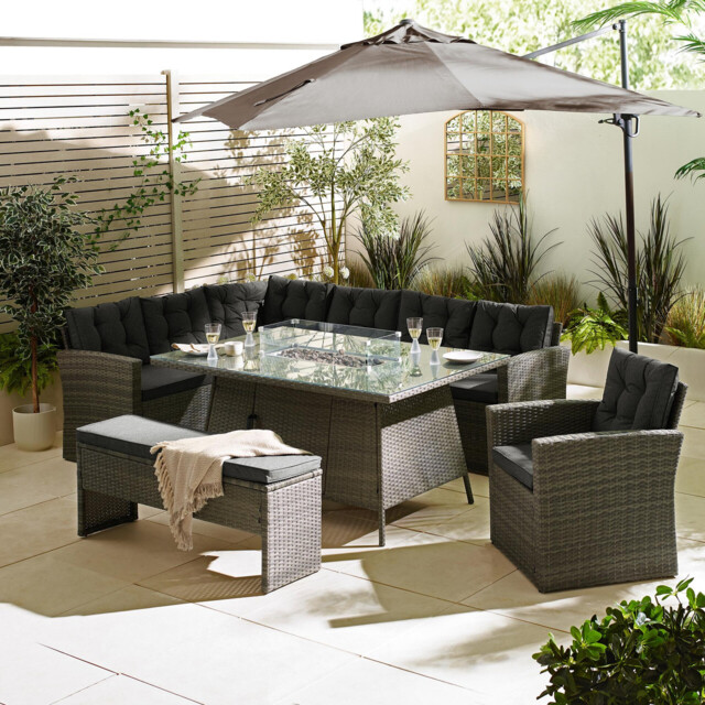 Marbella Grey Rattan 9 Seat Sofa Garden Dining Set with Firepit Table - image 1