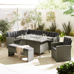 Marbella Grey Rattan 9 Seat Sofa Garden Dining Set with Firepit Table - thumbnail 2