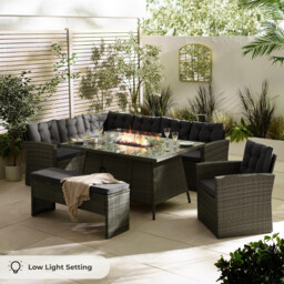 Marbella Grey Rattan 9 Seat Sofa Garden Dining Set with Firepit Table - thumbnail 3