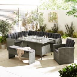 Furniturebox Marbella 9 Seat Sofa Garden Dining Set with Firepit Table, Rattan in Grey - Size: 100x74x150 cm - thumbnail 3