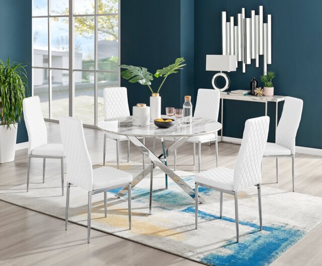 Novara White Marble 120cm Round Dining Table & 6 Milan Chrome Leg Chairs - image 1