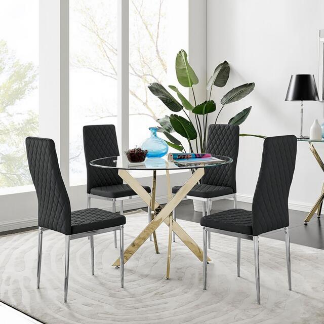 Novara Gold Metal 100cm Round Glass Dining Table And 4 Milan Dining Chairs - image 1
