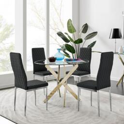 Novara Gold Metal 100cm Round Glass Dining Table And 4 Milan Dining Chairs - thumbnail 1
