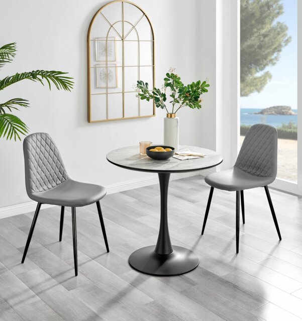 Elina White Marble Effect Round Dining Table & 2 Corona Black Leg Chairs - image 1