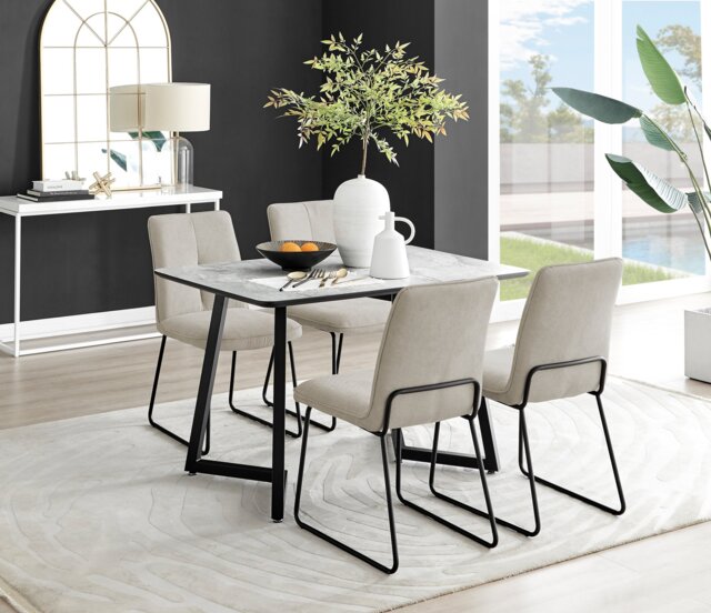Carson White Marble Effect Dining Table & 4 Halle Chairs - image 1
