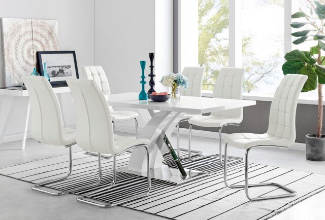 Atlanta Modern Rectangle Chrome Metal High Gloss White Dining Table And 6 Murano Chairs Set - image 1