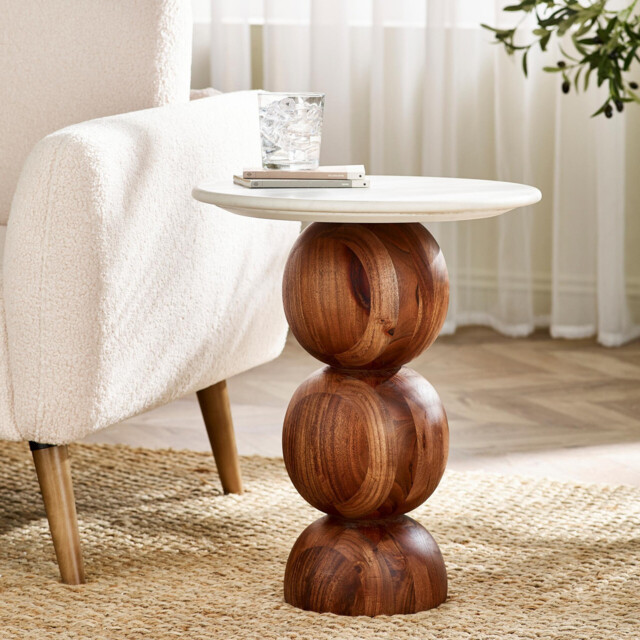 Veer Round White Marble and Solid Acacia Wood Side Table - image 1